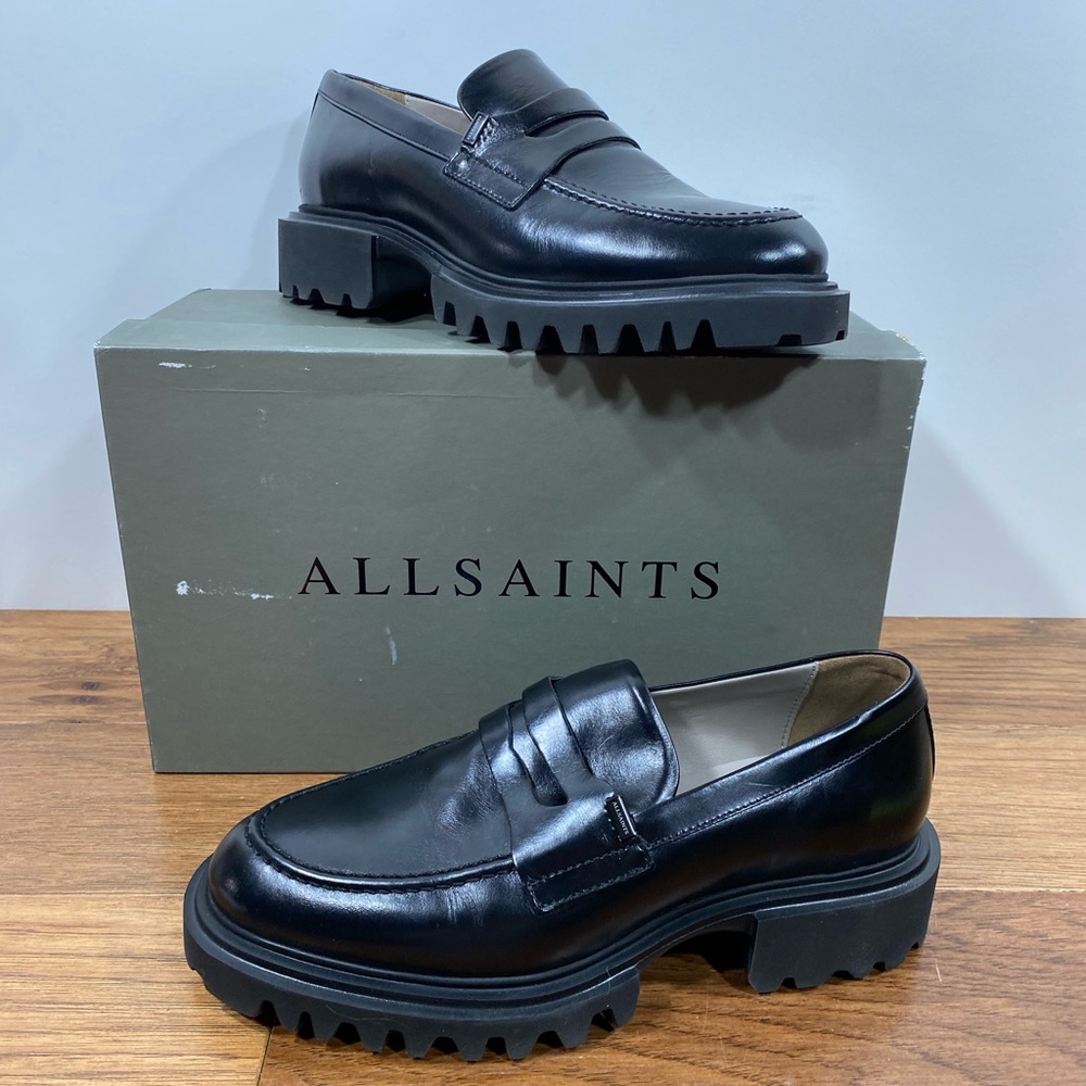 NIB All Saints Black Lola Loafers sz 40/ women’s 10 floor sample lug sole $289
